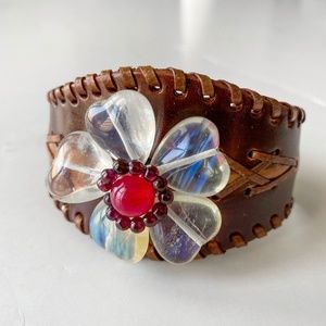 Flower & Leather Cuff Bracelet
